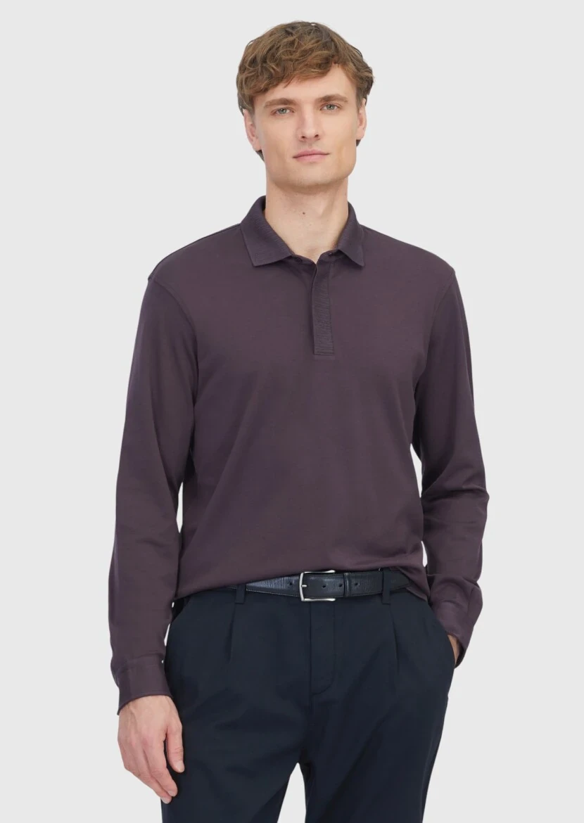 Damson Color Plain Polo Neck 100% Cotton T-Shirt - 1