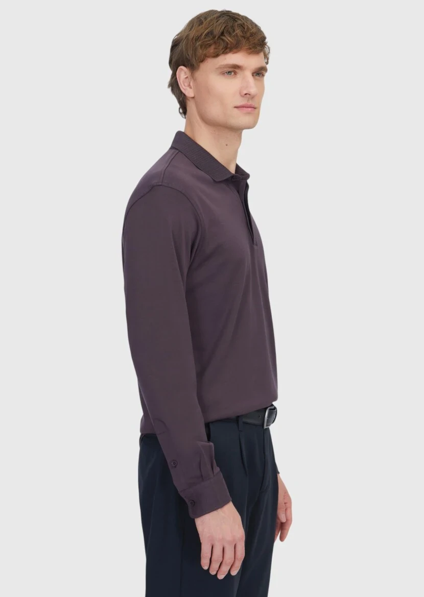 Damson Color Plain Polo Neck 100% Cotton T-Shirt - 3