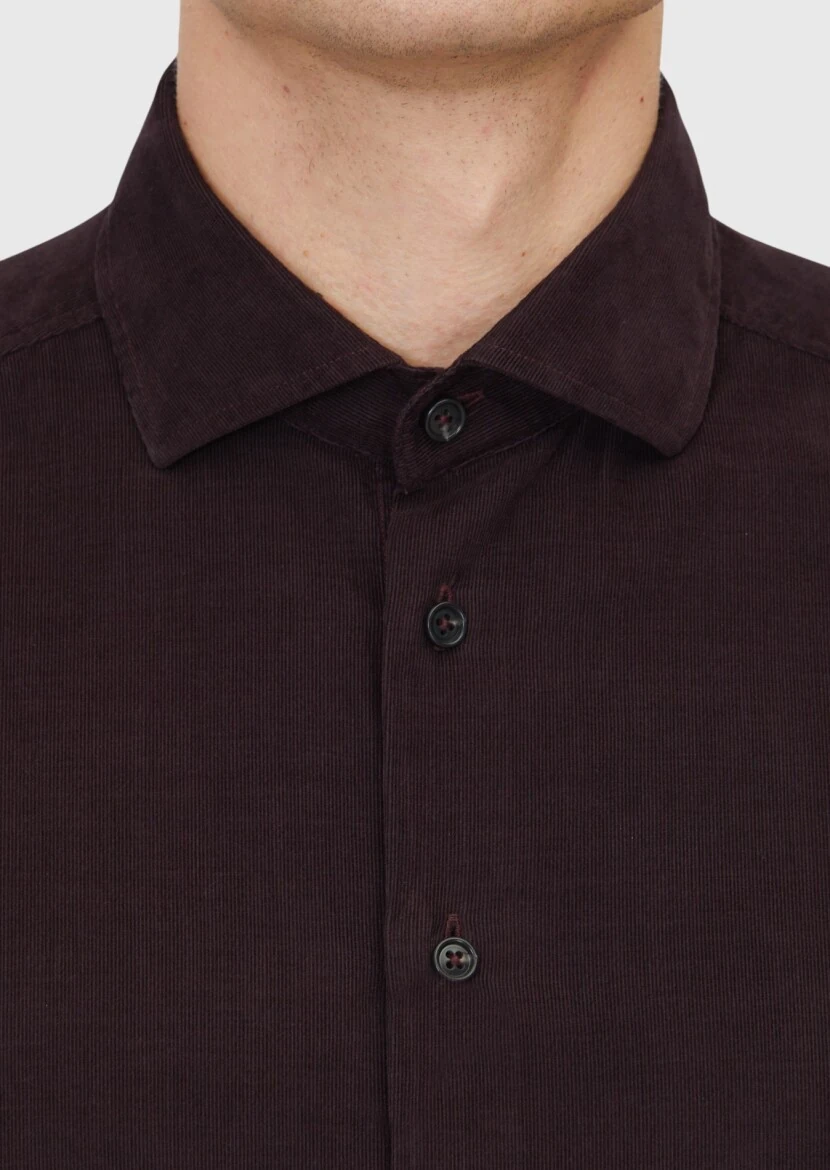 Damson Color Plain Weaving Casual 100% Cotton Shirt - 5