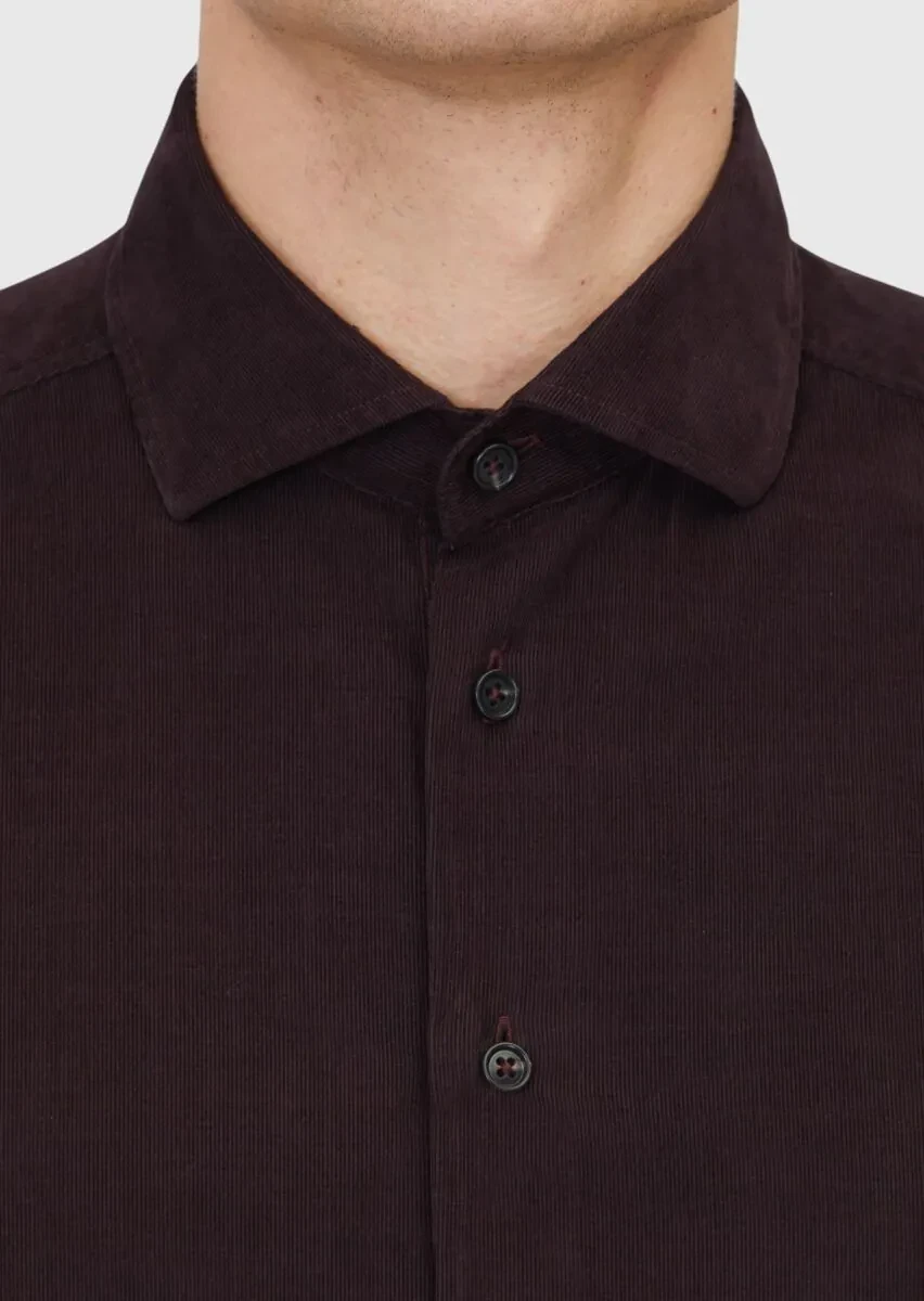 Damson Color Plain Weaving Casual 100% Cotton Shirt - 5