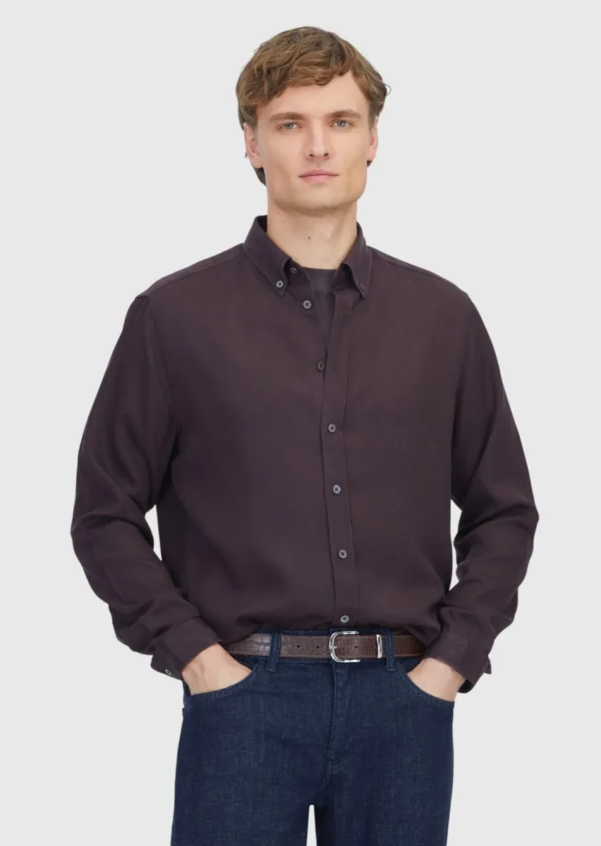 Damson Color Plain Weaving Casual Shirt - 1