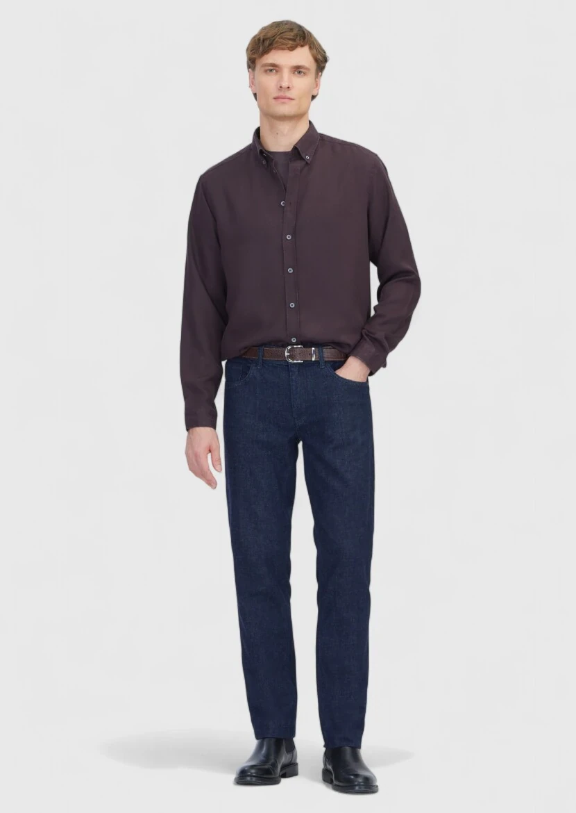 Damson Color Plain Weaving Casual Shirt - RAMSEY