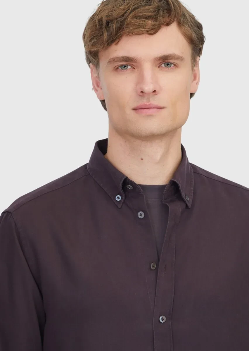 Damson Color Plain Weaving Casual Shirt - 4