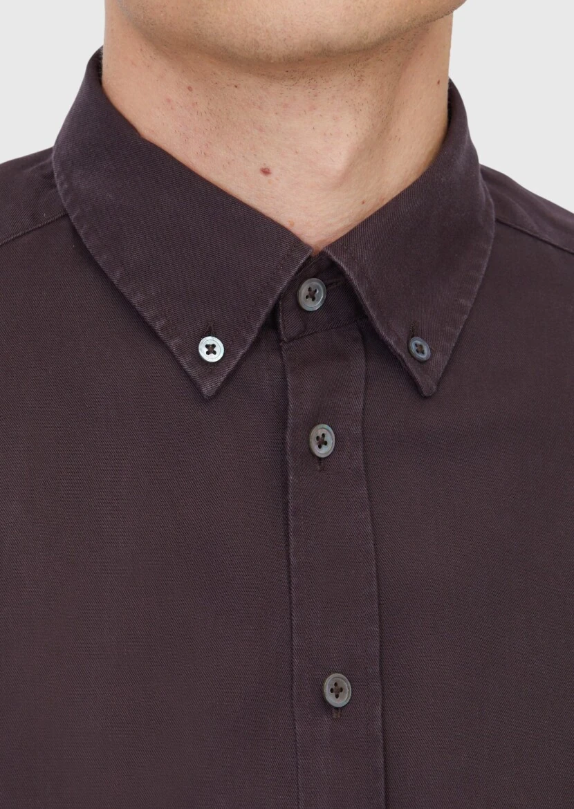 Damson Color Plain Weaving Casual Shirt - 5