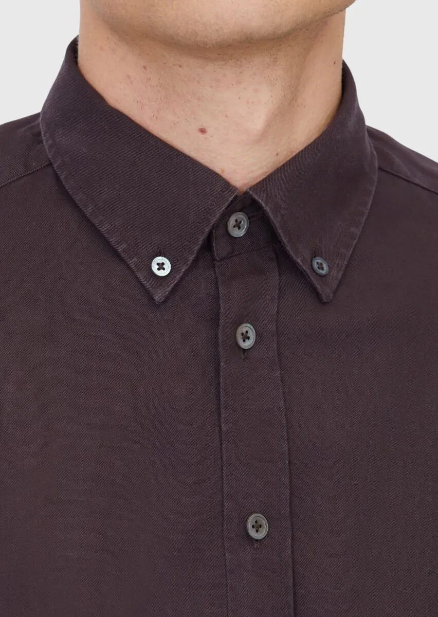 Damson Color Plain Weaving Casual Shirt - 5