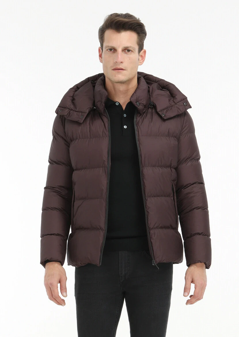 Damson Color Regular Fit Hooded Casual Weaving Coat - 3