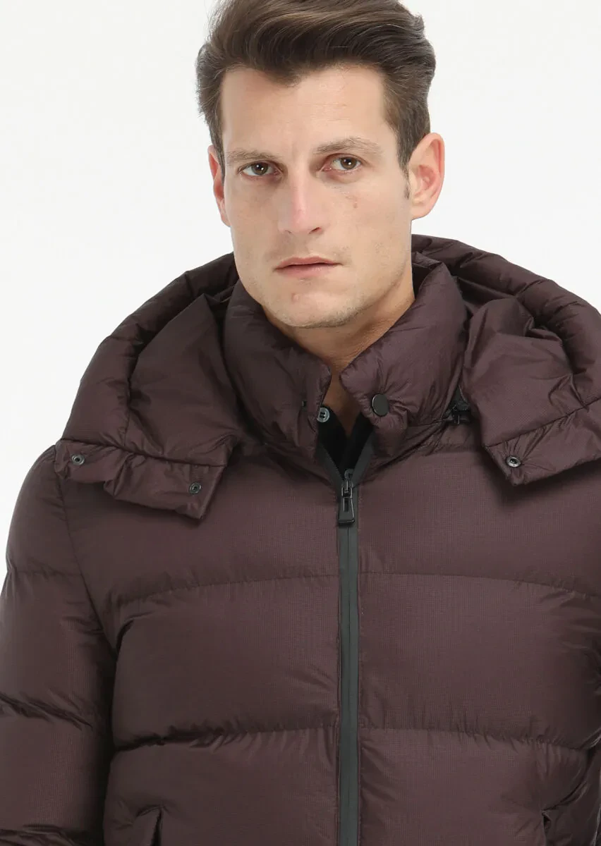 Damson Color Regular Fit Hooded Casual Weaving Coat - 4