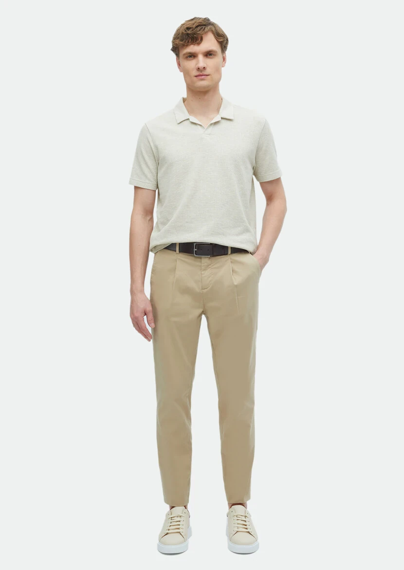 Dark Beige Jacquard Polo Neck 100% Cotton T-Shirt 