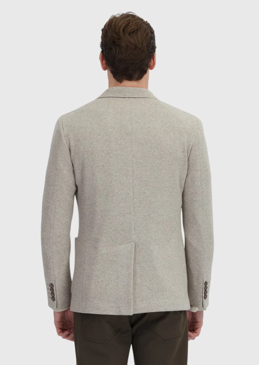 Dark Beige Plain Wool Blended Jacket - 5