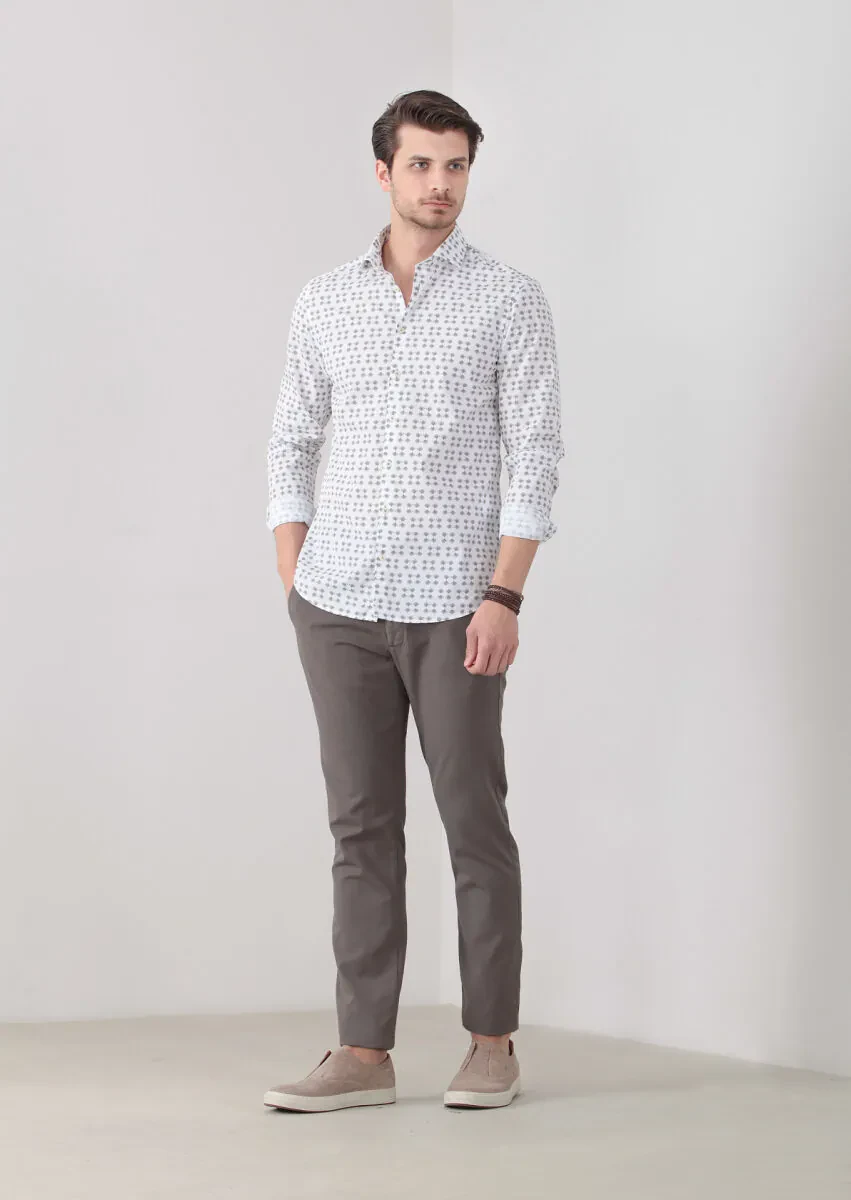 Dark Beige Printed Slim Fit Weaving Casual 100% Cotton Shirt - 1