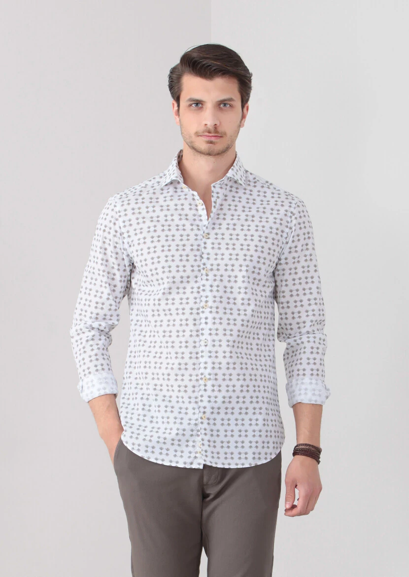 Dark Beige Printed Slim Fit Weaving Casual 100% Cotton Shirt - 3