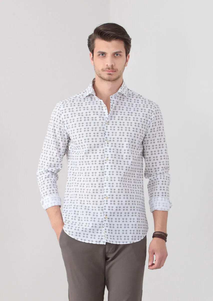 Dark Beige Printed Slim Fit Weaving Casual 100% Cotton Shirt - 3