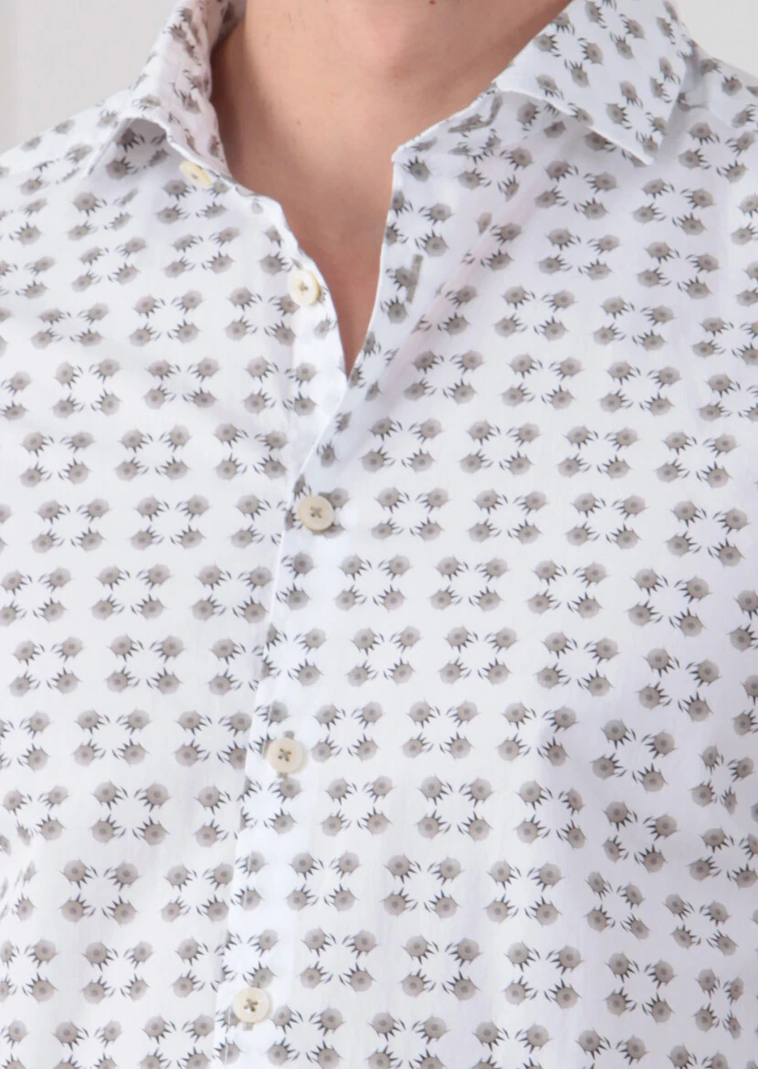 Dark Beige Printed Slim Fit Weaving Casual 100% Cotton Shirt - 4