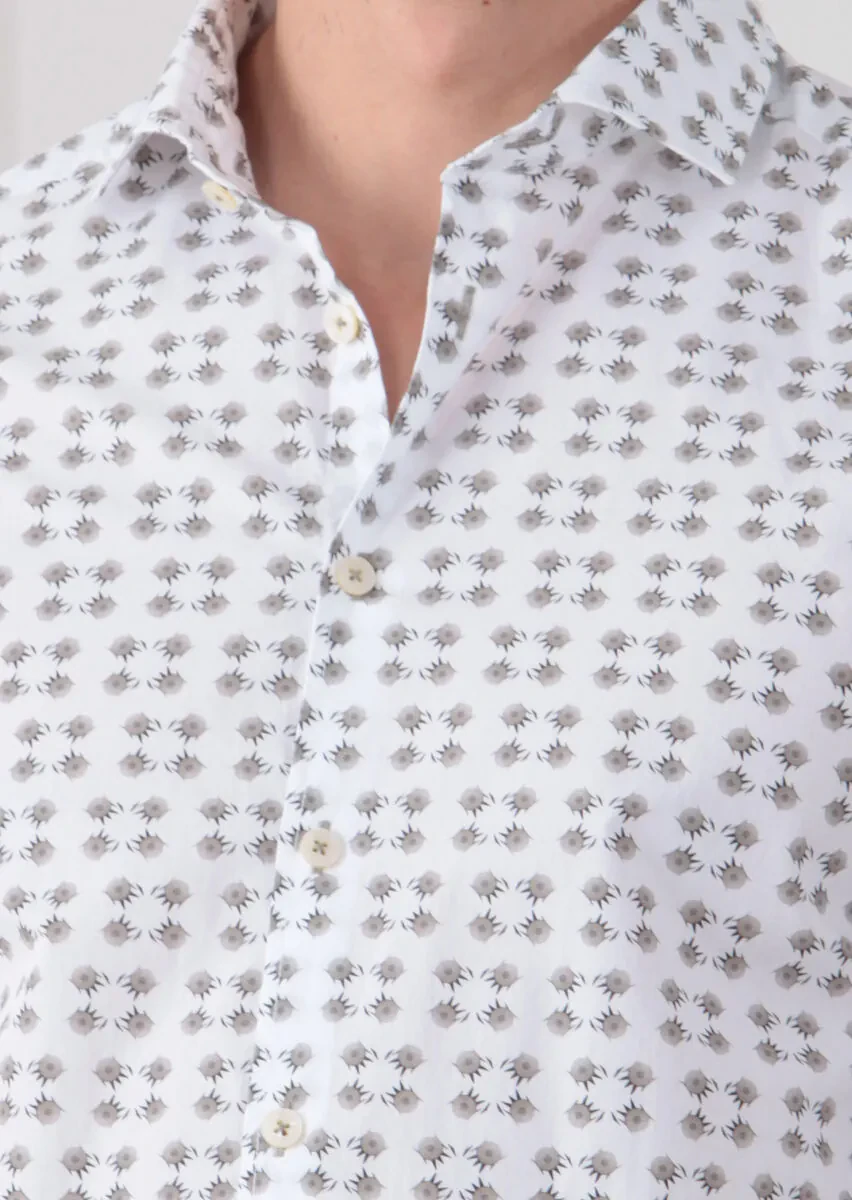 Dark Beige Printed Slim Fit Weaving Casual 100% Cotton Shirt - 4