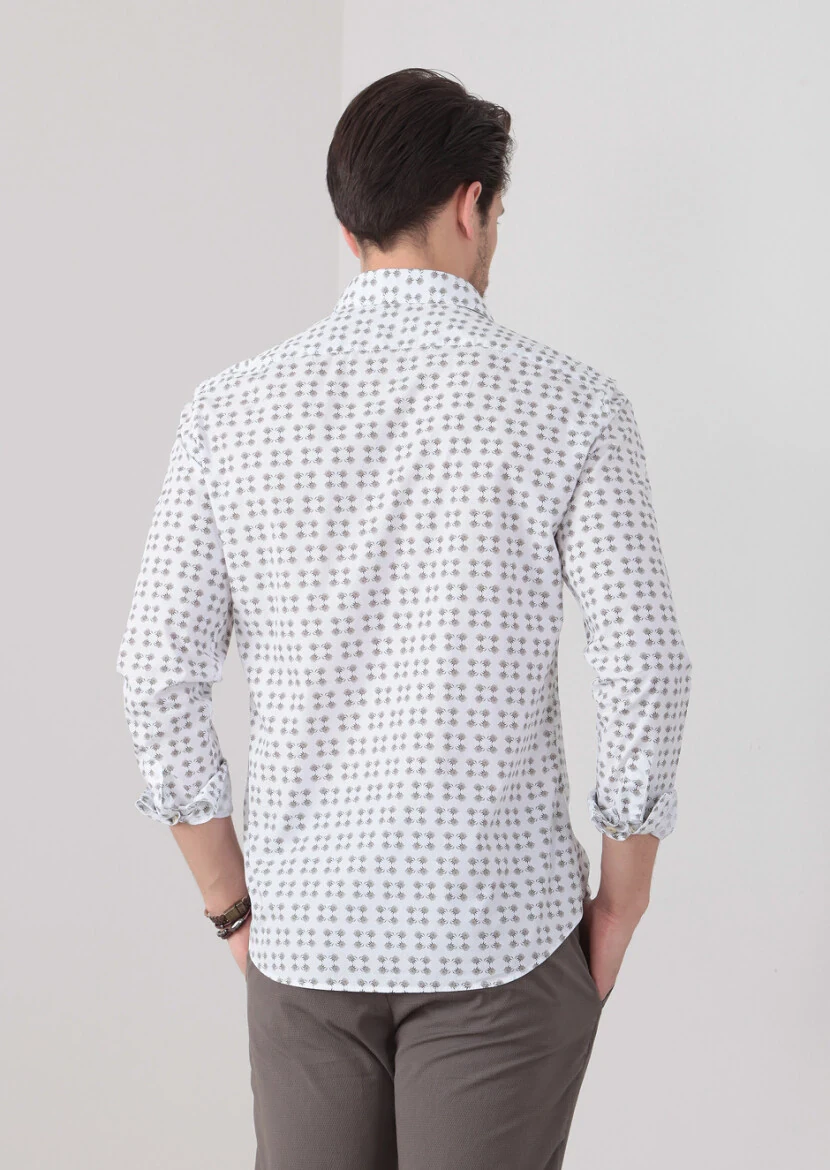 Dark Beige Printed Slim Fit Weaving Casual 100% Cotton Shirt - 5