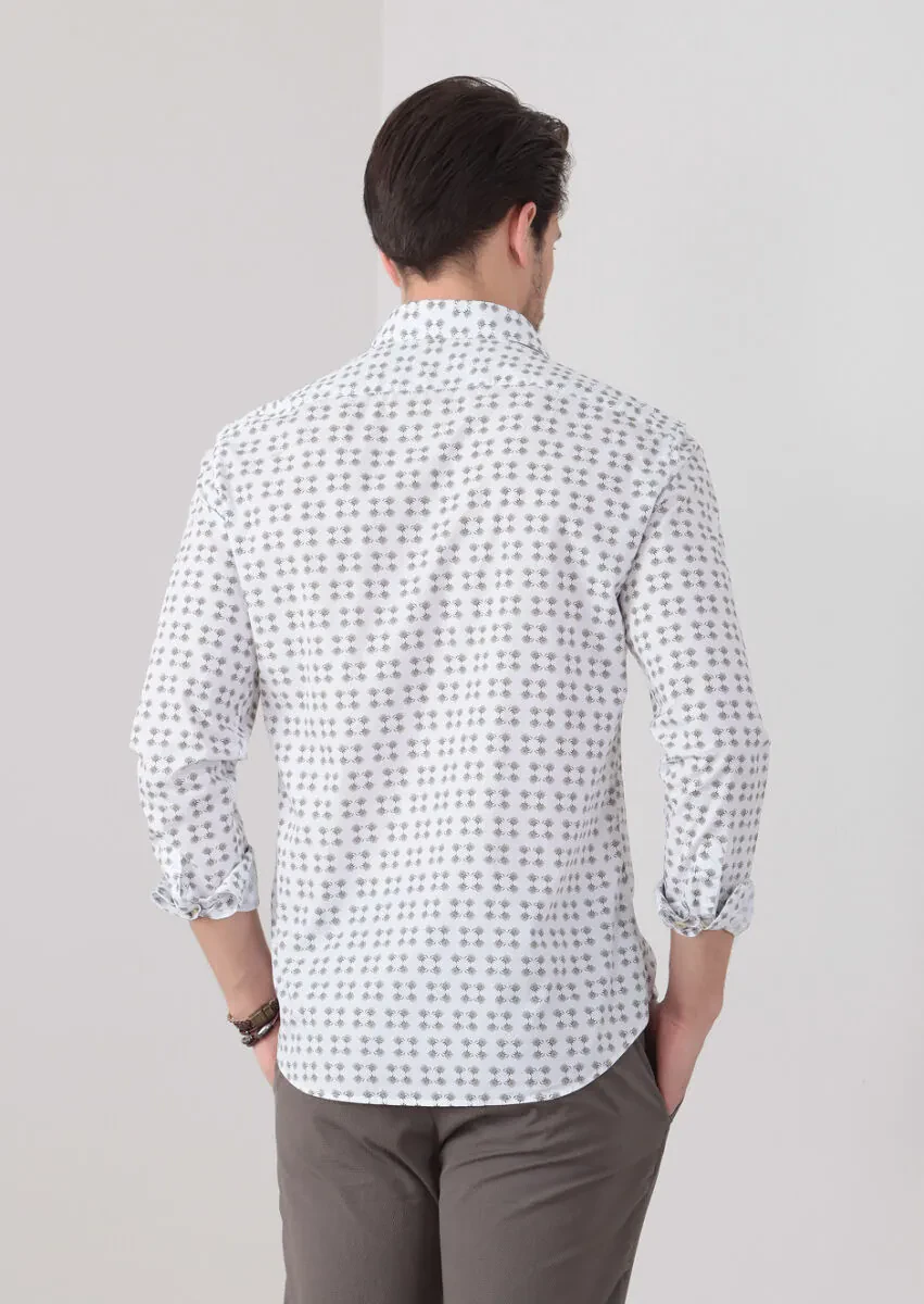 Dark Beige Printed Slim Fit Weaving Casual 100% Cotton Shirt - 5