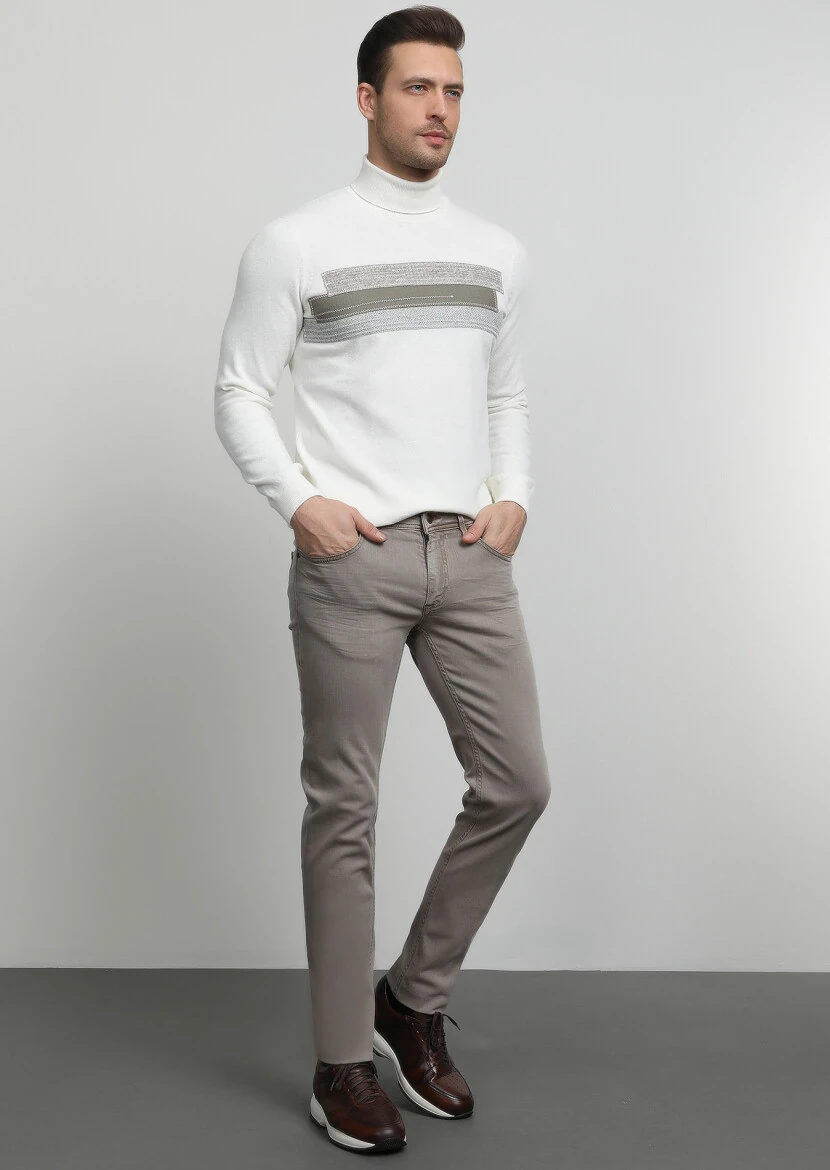 Dark Beige Slim Fit Denim Cotton Blended Trousers - 3