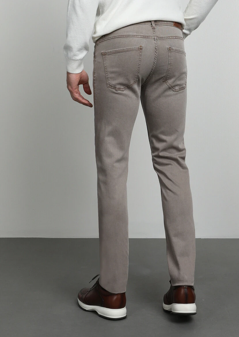 Dark Beige Slim Fit Denim Cotton Blended Trousers - 4