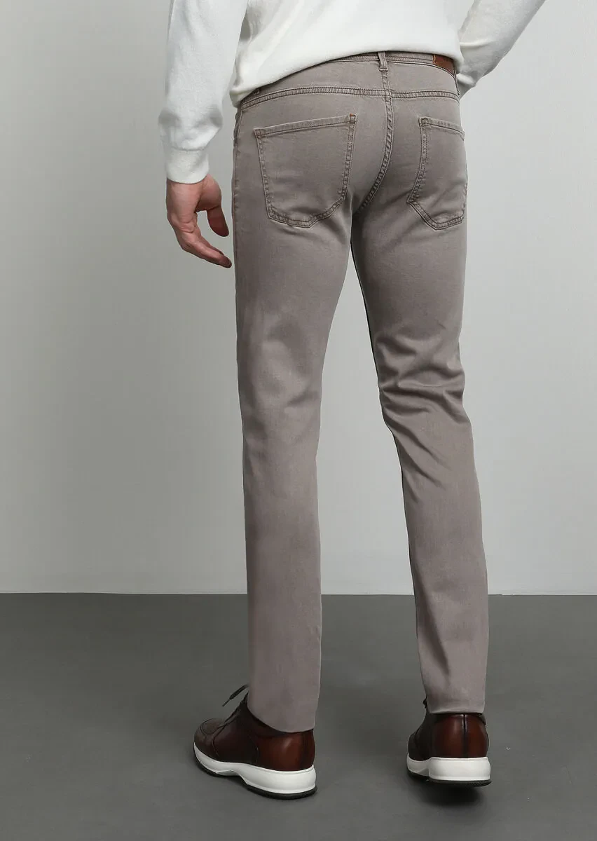 Dark Beige Slim Fit Denim Cotton Blended Trousers - 4