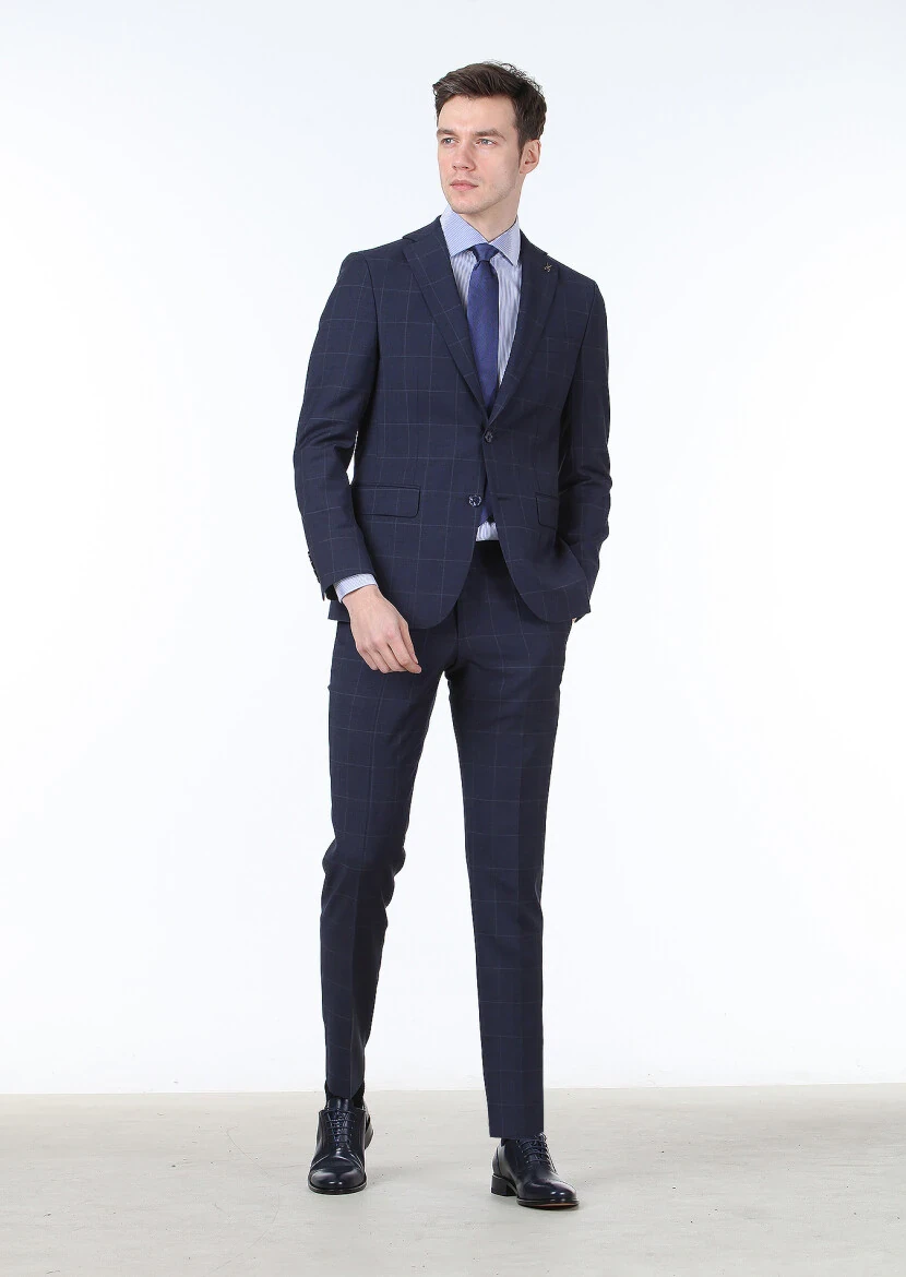 Dark Blue Checkered Modern Fit 100% Wool Suit - 1