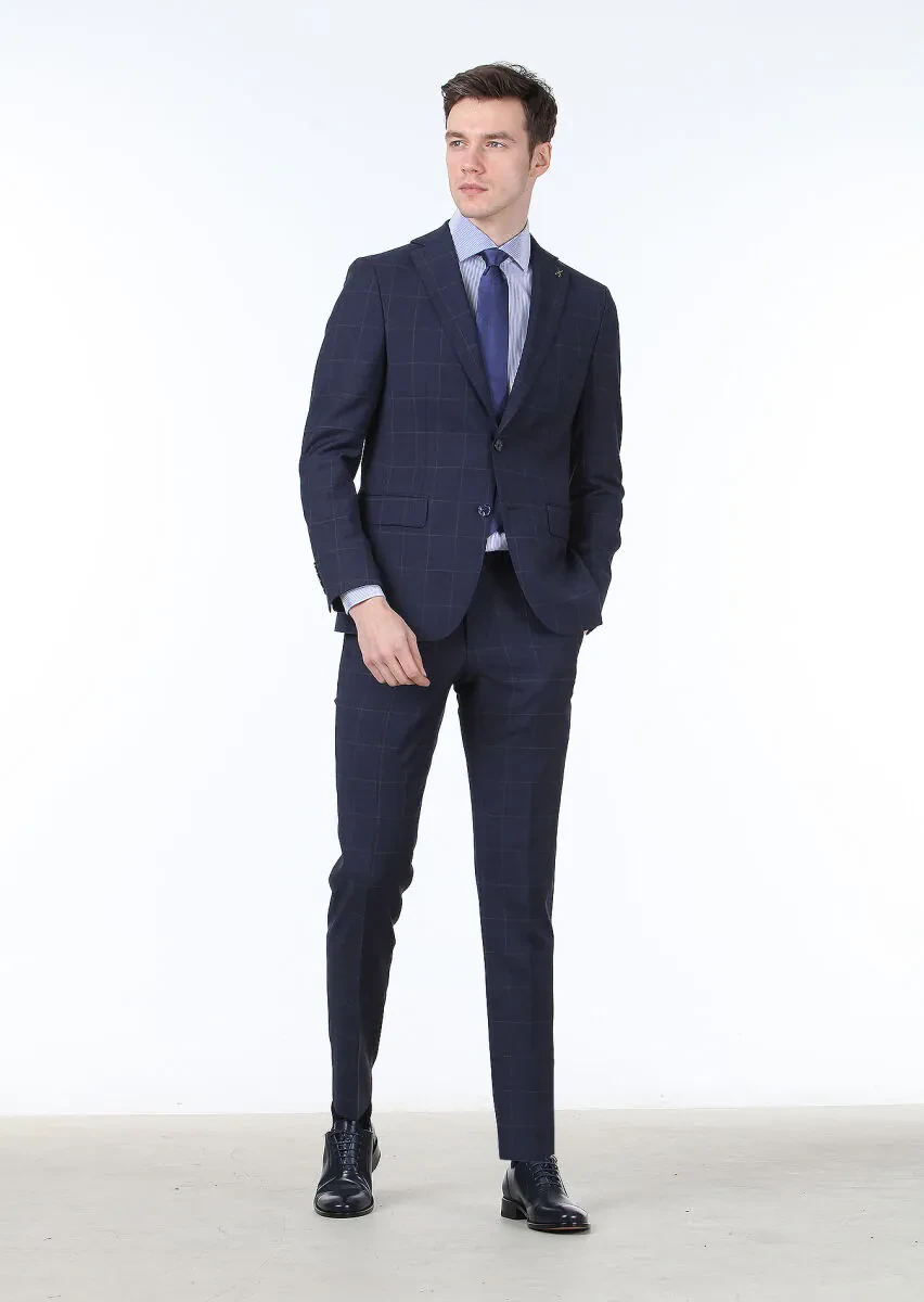 Dark Blue Checkered Modern Fit 100% Wool Suit - 1
