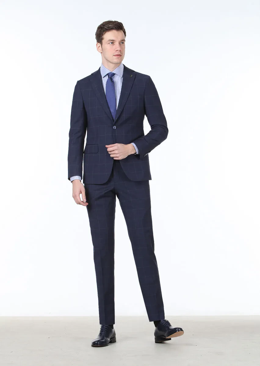 Dark Blue Checkered Modern Fit 100% Wool Suit - 2