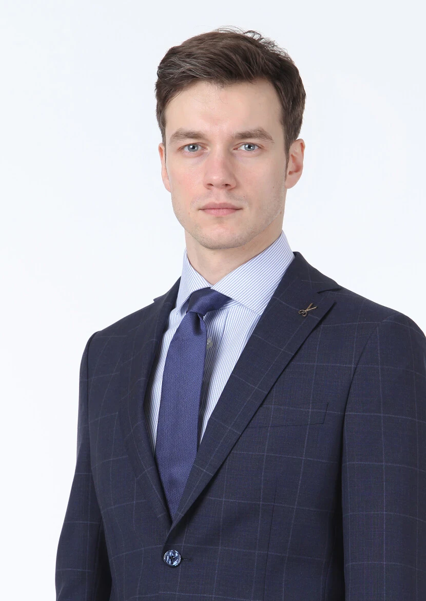 Dark Blue Checkered Modern Fit 100% Wool Suit - 3