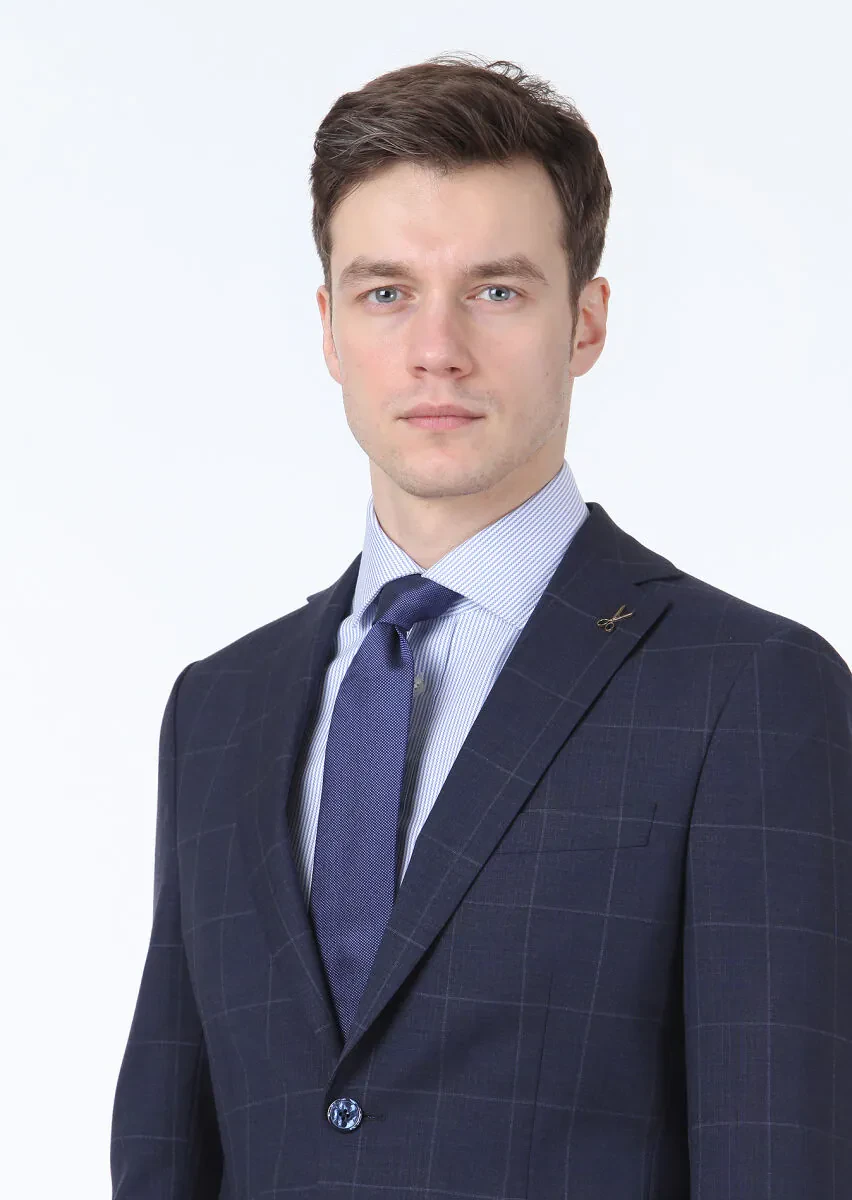 Dark Blue Checkered Modern Fit 100% Wool Suit - 3