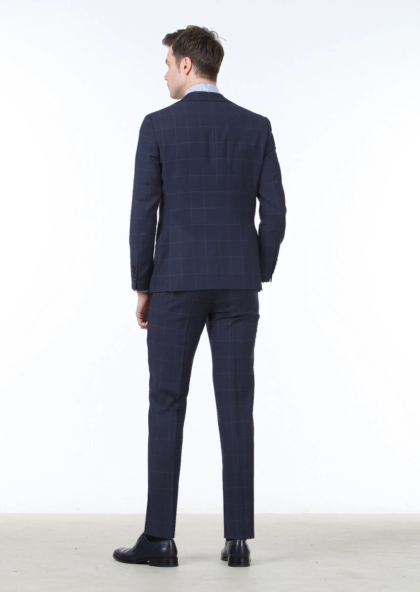 Dark Blue Checkered Modern Fit 100% Wool Suit - 4