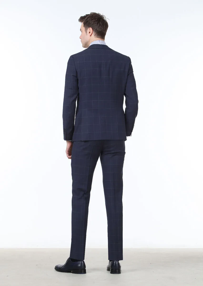 Dark Blue Checkered Modern Fit 100% Wool Suit - 4