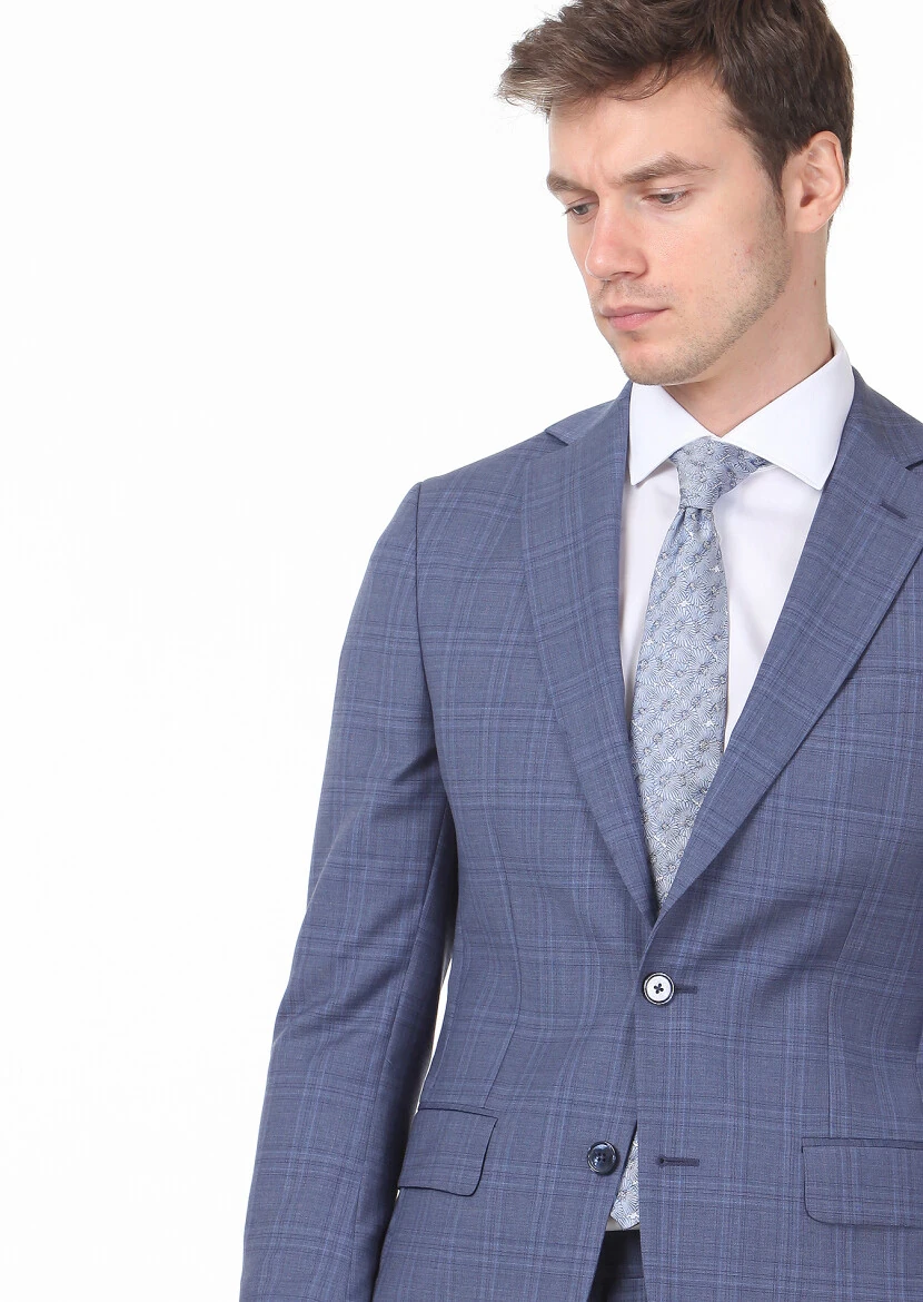 Dark Blue Checkered Modern Fit 100% Wool Suit - 1