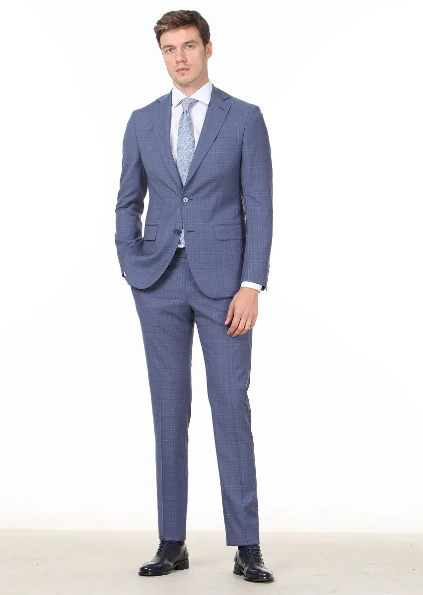 Dark Blue Checkered Modern Fit 100% Wool Suit - 2