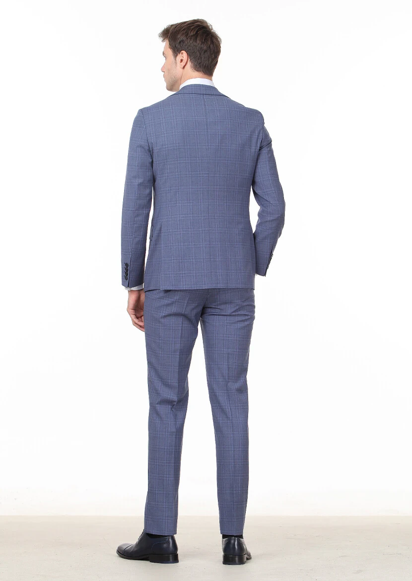 Dark Blue Checkered Modern Fit 100% Wool Suit - 4