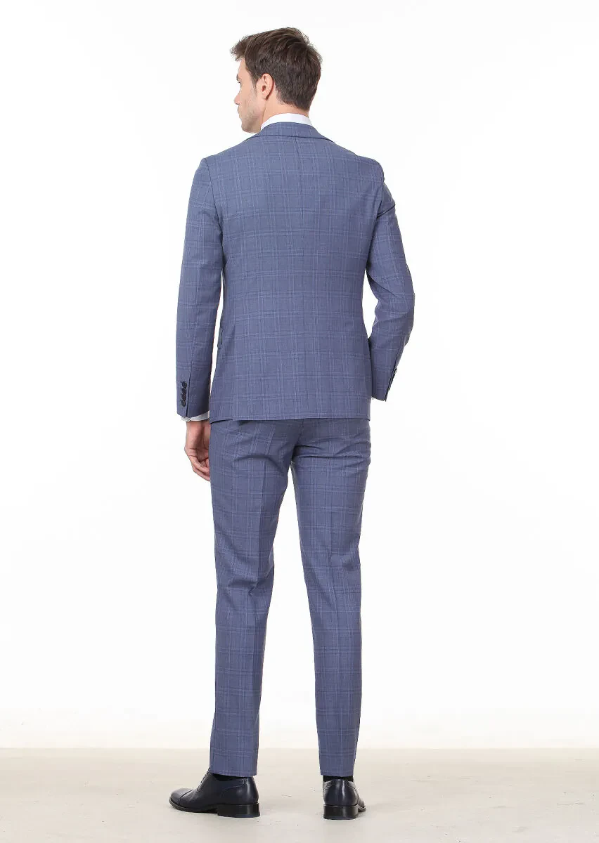 Dark Blue Checkered Modern Fit 100% Wool Suit - 4