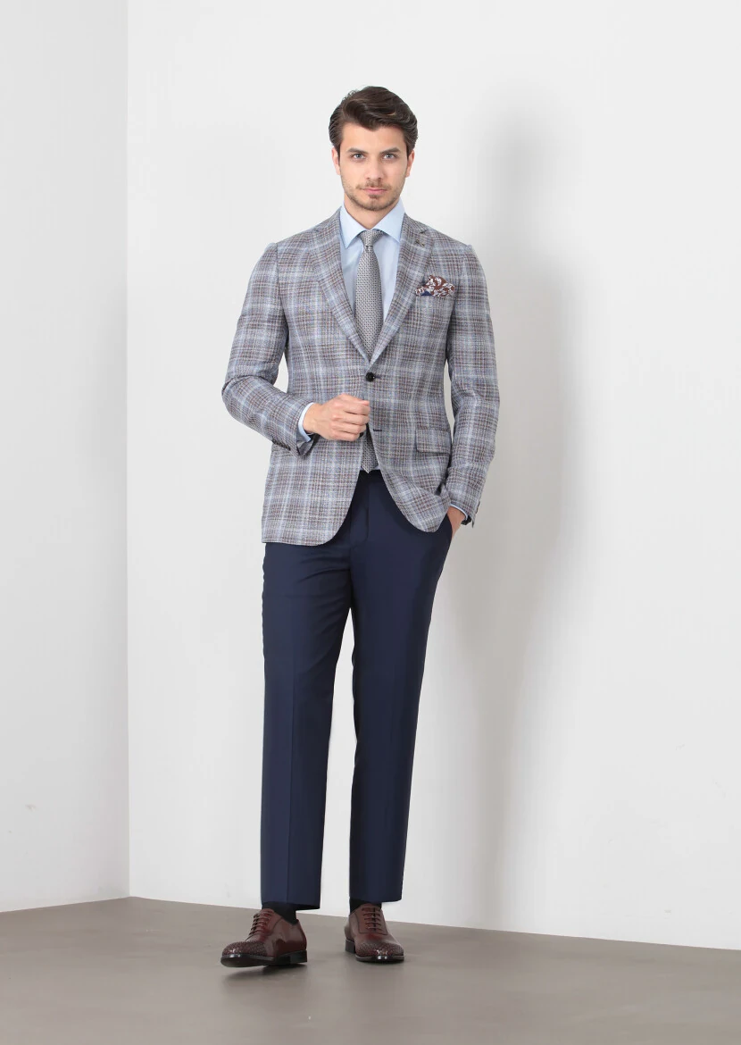 Dark Blue Checkered Regular Fit Silk Blended Jacket - 1