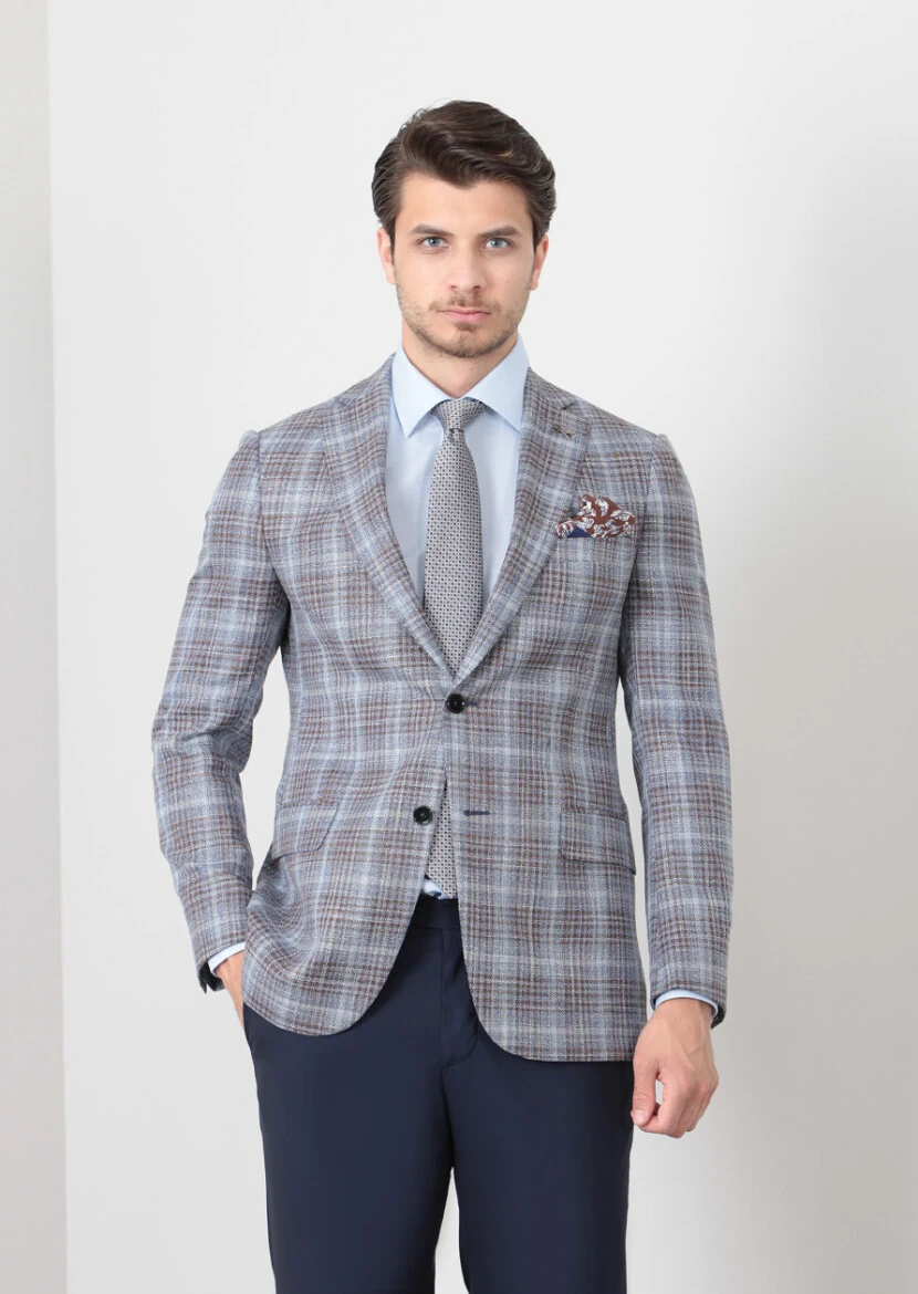 Dark Blue Checkered Regular Fit Silk Blended Jacket - 2