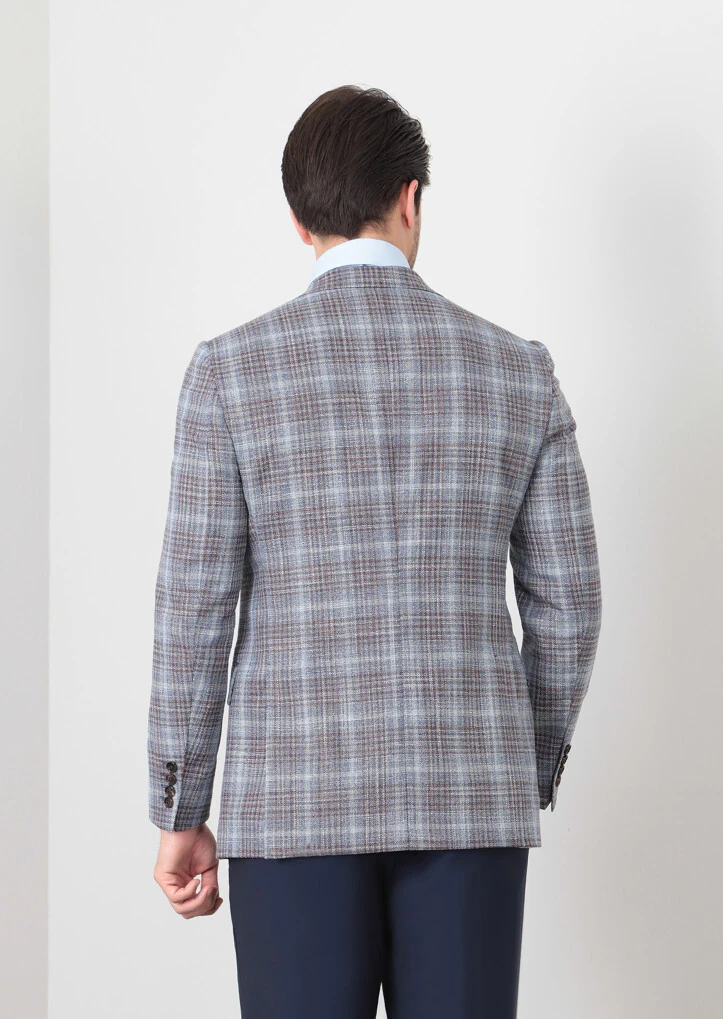 Dark Blue Checkered Regular Fit Silk Blended Jacket - 4