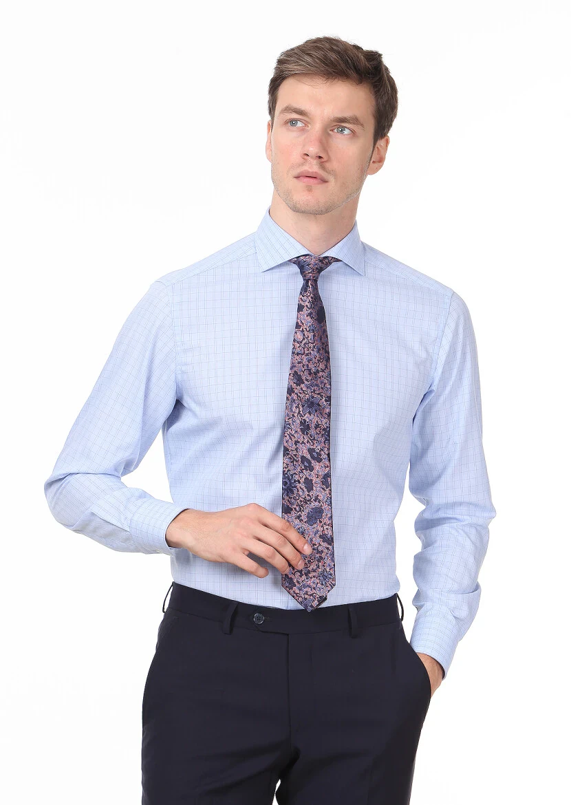 Dark Blue Checkered Regular Fit Weaving Classical 100% Cotton Shirt - 1