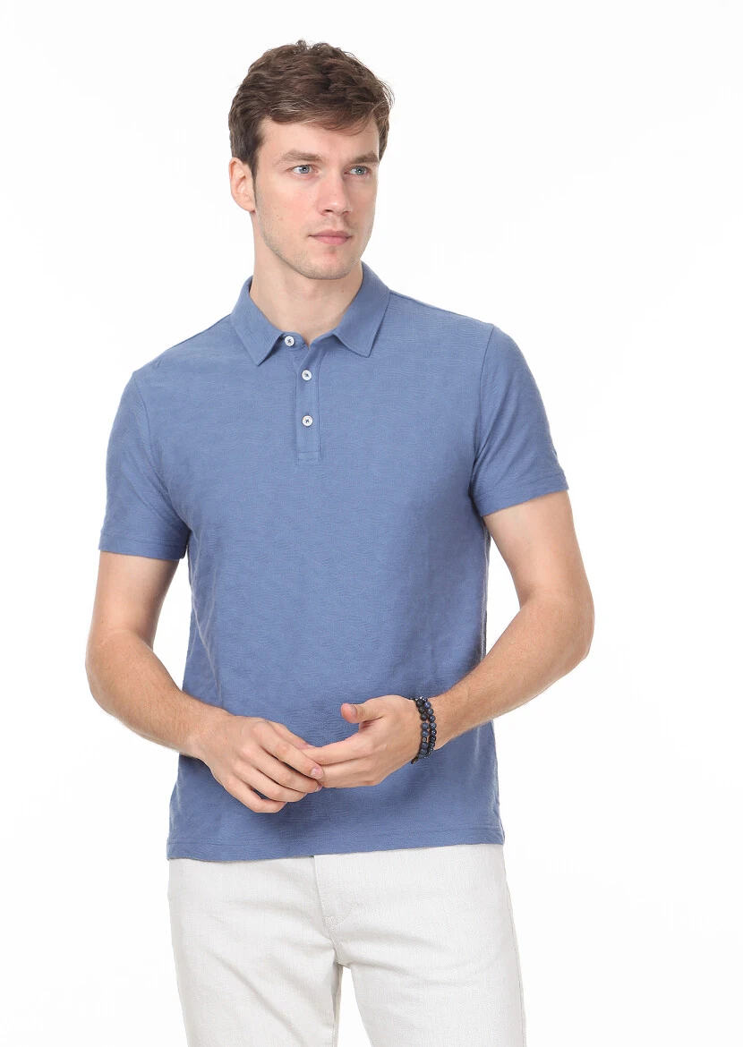 Dark Blue Jacquard Polo Neck 100% Cotton T-Shirt - 1