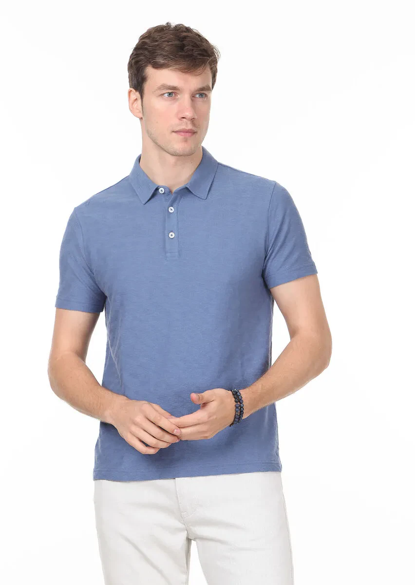 Dark Blue Jacquard Polo Neck 100% Cotton T-Shirt - 1