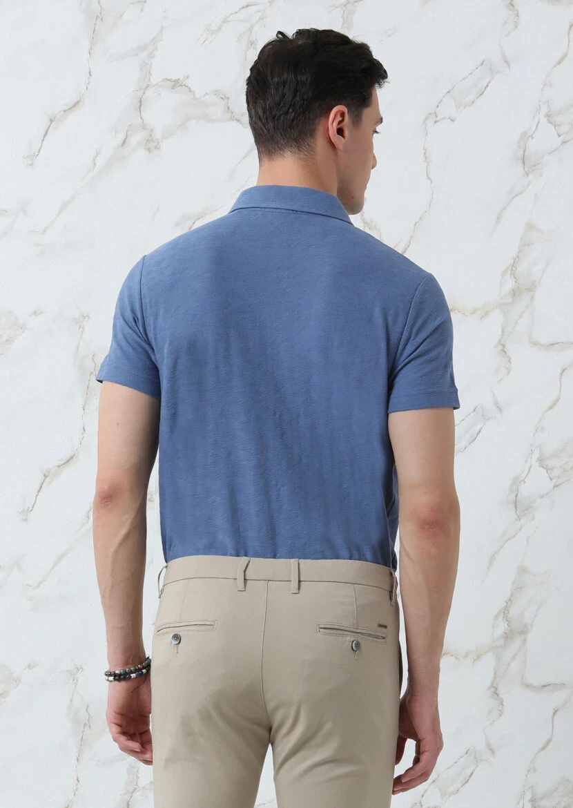 Dark Blue Jacquard Polo Neck 100% Cotton T-Shirt - 5