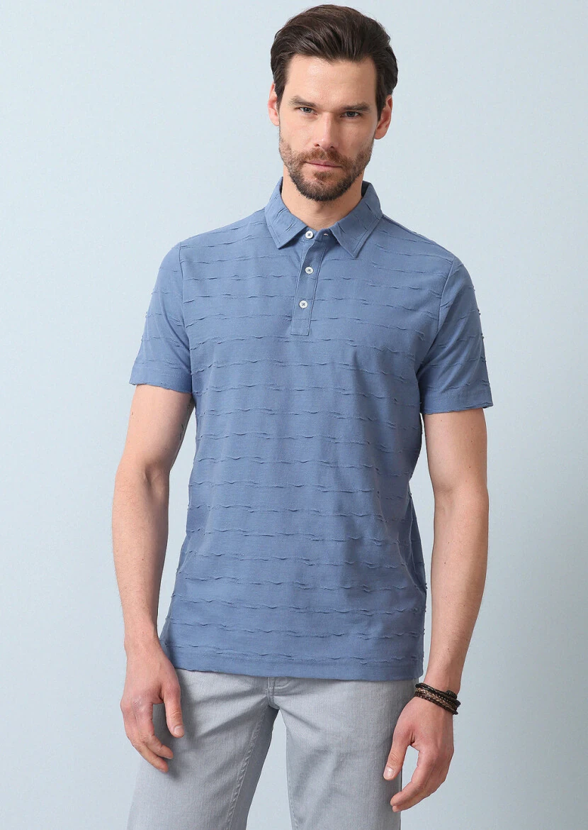 Dark Blue Jacquard Polo Neck 100% Cotton T-Shirt 