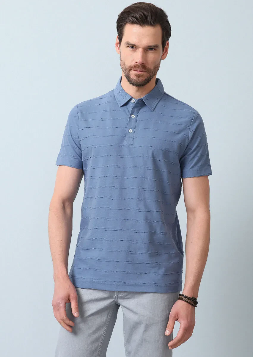 Dark Blue Jacquard Polo Neck 100% Cotton T-Shirt - 2