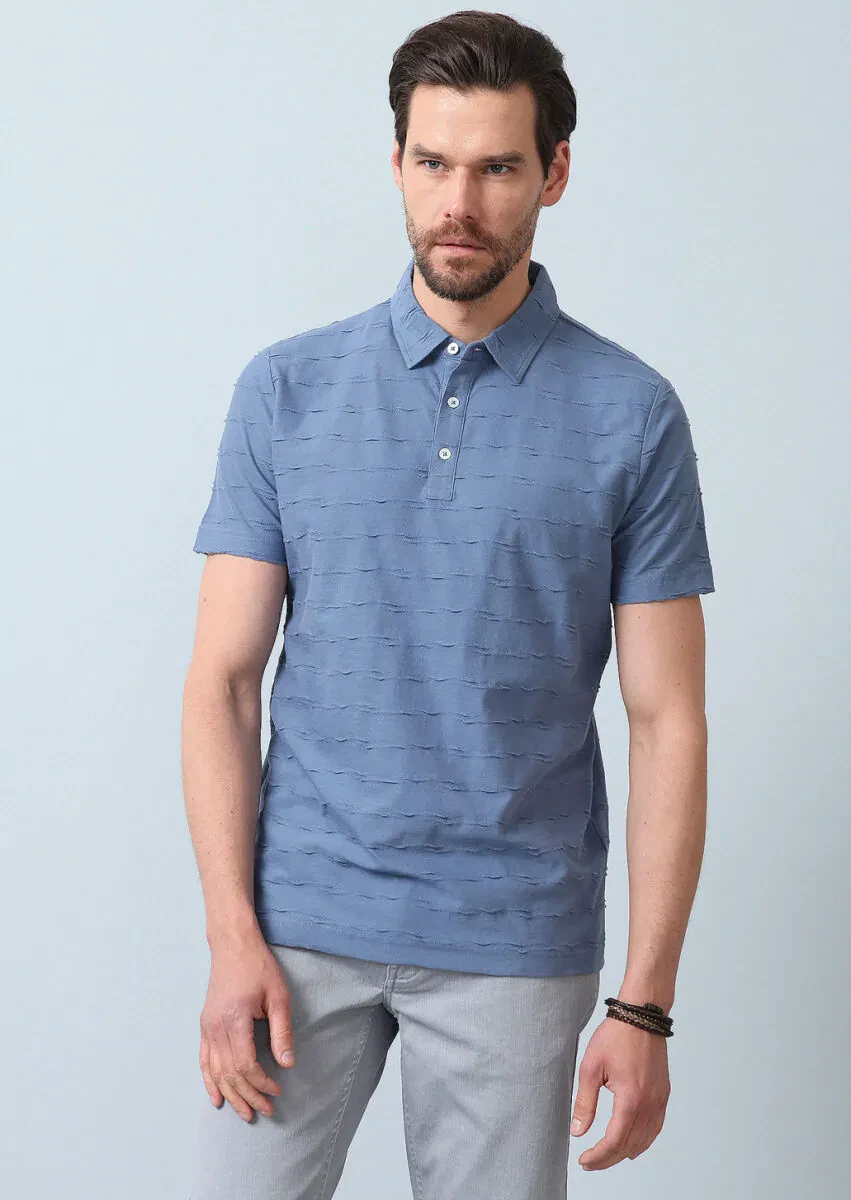 Dark Blue Jacquard Polo Neck 100% Cotton T-Shirt - 5
