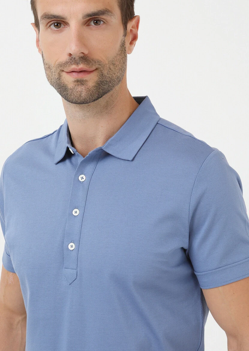 Dark Blue Jacquard Polo Neck 100% Cotton T-Shirt - 2