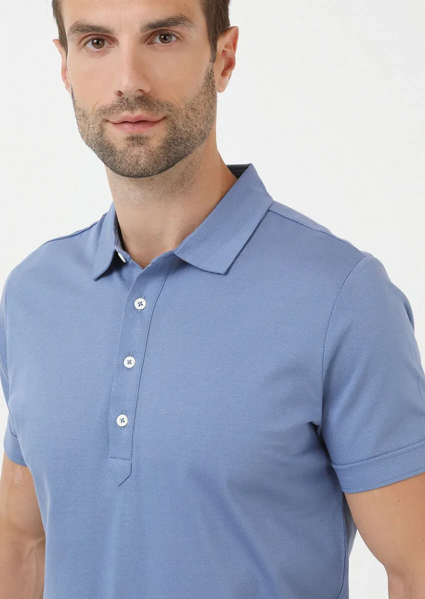 Dark Blue Jacquard Polo Neck 100% Cotton T-Shirt - 2