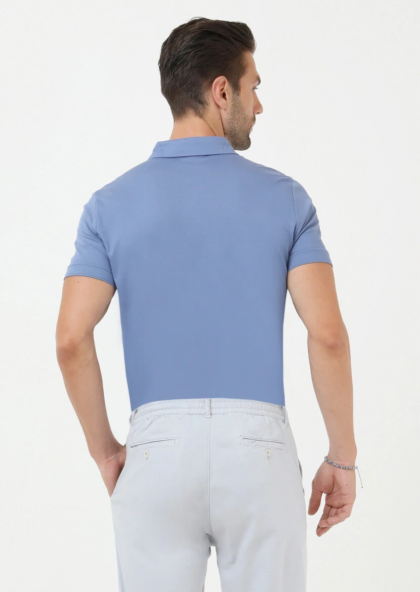 Dark Blue Jacquard Polo Neck 100% Cotton T-Shirt - 4