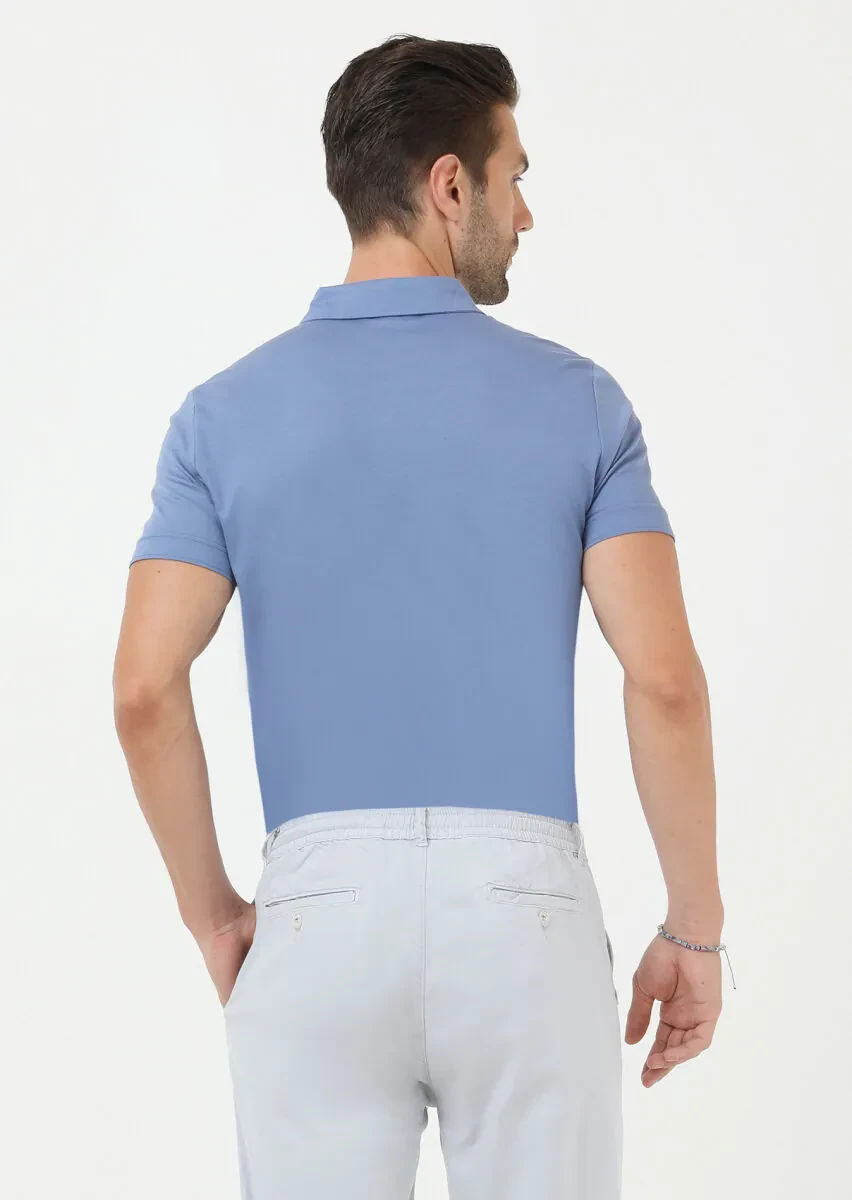 Dark Blue Jacquard Polo Neck 100% Cotton T-Shirt - 4