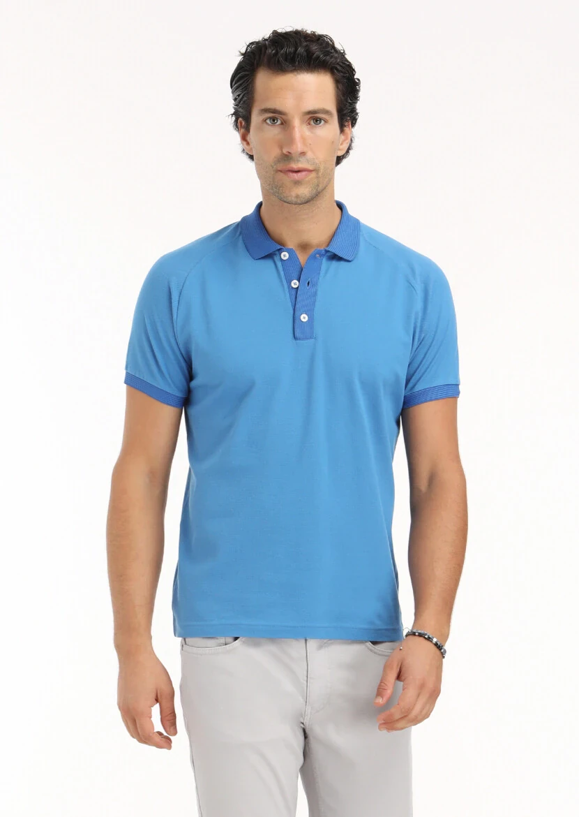 Dark Blue Jacquard Polo Neck 100% Cotton T-Shirt 