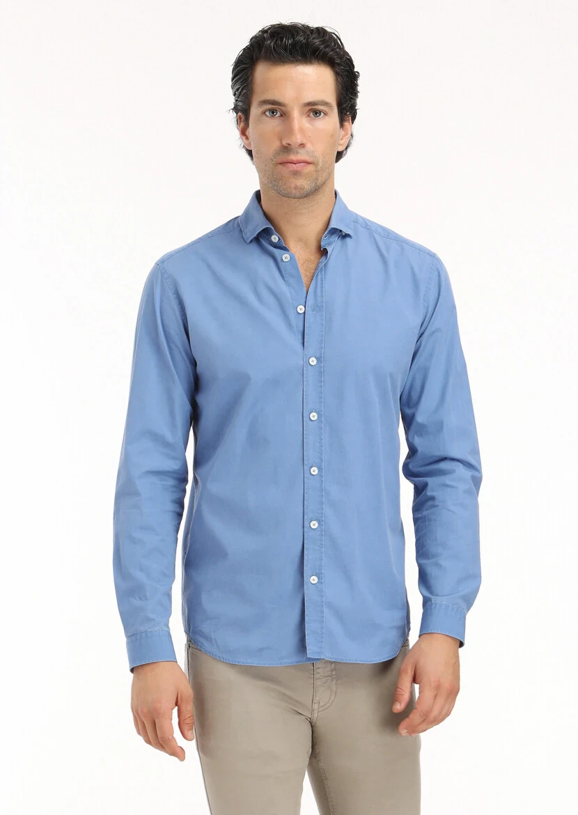 Dark Blue Plain Regular Fit Weaving Casual 100% Cotton Shirt 